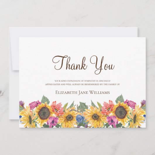 Carte De Remerciements Remerciements Tournesol Deuil Funéraire (Devant)