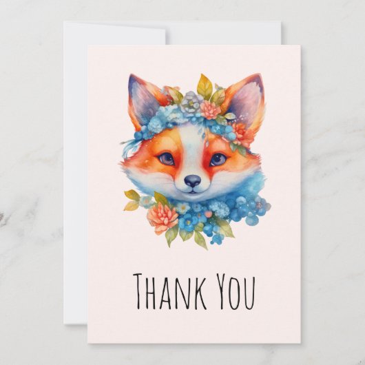 Carte De Remerciements Renard orange mignon avec couronne florale (Devant)