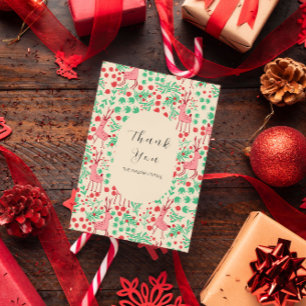 Carte De Remerciements Renne vintage fantaisiste rose, motif de Noël