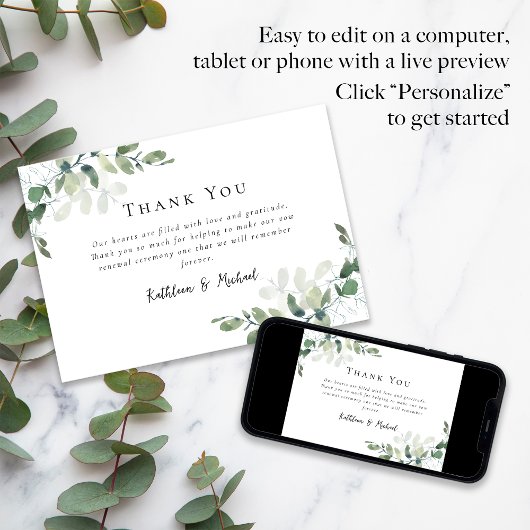 Carte De Remerciements Renouvellement simple de Vow Eucalyptus