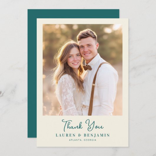 Carte De Remerciements Retro Botanica and Teal Wedding (Devant / Derrière)