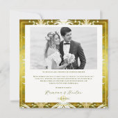 Carte De Remerciements Retro Gold Green Mariage damassé (Devant)