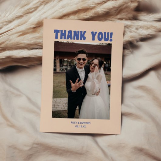 Carte De Remerciements Retro Moderne Bleu & Beige Mariage Photo