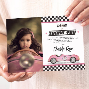 Carte De Remerciements Retro Pink Race Car Girl Anniversaire Photo