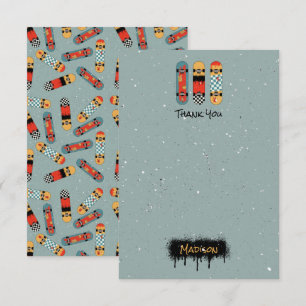 Carte De Remerciements Retro Skateboard Blue Cool Nom personnalisé Enfant