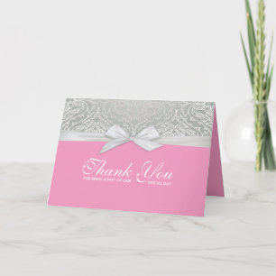 Carte De Remerciements Ribbon Pink/Silver Lace Damask
