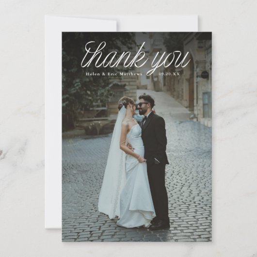 Carte De Remerciements Ribbon Script Top Minimalist Wedding Photo  (Devant)