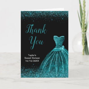 Carte De Remerciements Robe Bleu Turquoise Faux Paillettes Sweet 16 Anniv