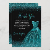 Carte De Remerciements Robe Bleue turquoise Faux Parties scintillant Douc (Devant / Derrière)
