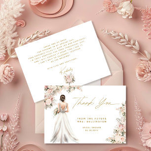Carte De Remerciements Robe de mariée Brunette Fleurs Mariage Cérémonie