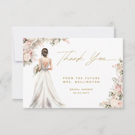 Carte De Remerciements Robe de mariée Brunette Fleurs Robe de mariée Show (Devant)