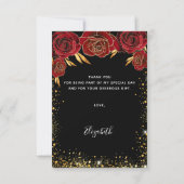 Carte De Remerciements Robe d'or noir fleurs rouges parties scintillant a (Dos)