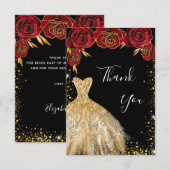 Carte De Remerciements Robe d'or noir fleurs rouges parties scintillant a (Devant / Derrière)