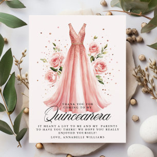 Carte De Remerciements Robe d'or Rose Floral Quinceañera 15e anniversaire