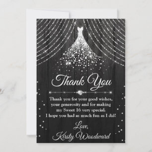 Carte De Remerciements Robe en argent et diamants noirs Sweet 16