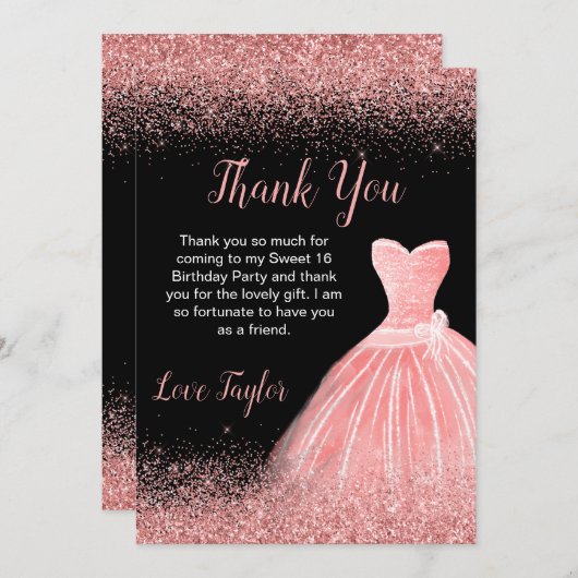 Carte De Remerciements Robe rose rose Faux Parties scintillant Douce 16 A (Devant / Derrière)