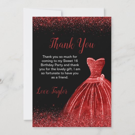 Carte De Remerciements Robe Rouge Lumineuse Faux Parties scintillant Douc (Devant)