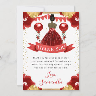 Carte De Remerciements Robe rouge princesse à peau foncée Sweet 16