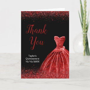Carte De Remerciements Robe rouge vif Faux Parties scintillant Quinceaner