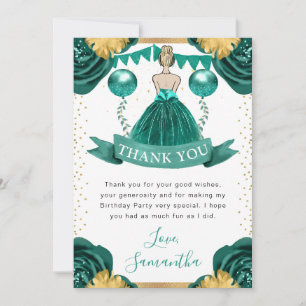 Carte De Remerciements Robe sarcelle Princesse aux cheveux blonds Anniver