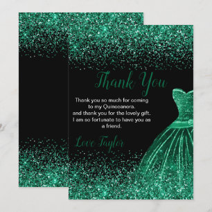 Carte De Remerciements Robe vert foncé pour Quinceanera avec faux strass
