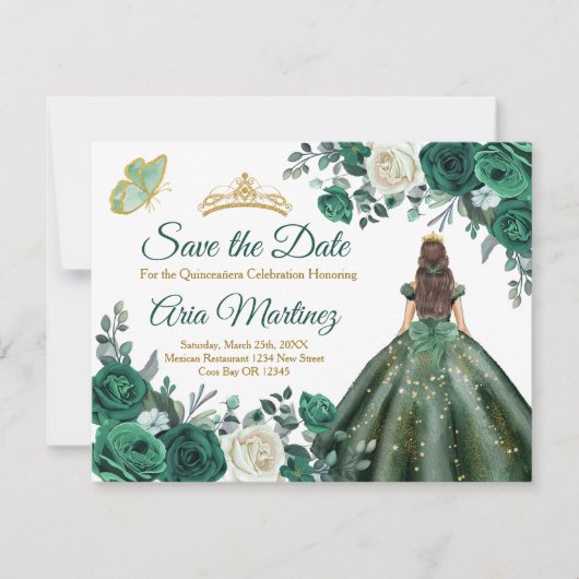 Carte De Remerciements Robe verte Emeraude Quinceañera Enregistrer la dat (Devant)