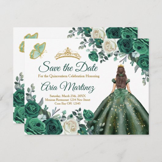 Carte De Remerciements Robe verte Emeraude Quinceañera Enregistrer la dat (Devant / Derrière)