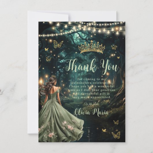 Carte De Remerciements Robe verte Enchanté Forêt Sage Quinceañera (Devant)