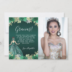 Carte De Remerciements Robe verte fleurie Anniversaire Photo Quinceanera