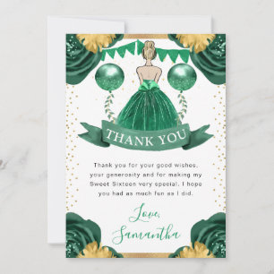 Carte De Remerciements Robe verte princesse aux cheveux blonds Sweet 16