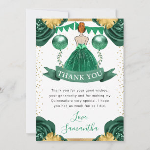 Carte De Remerciements Robe verte princesse aux cheveux roux Quinze ans