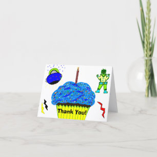 Carte De Remerciements Robot Bleu Spaceship Cupcake