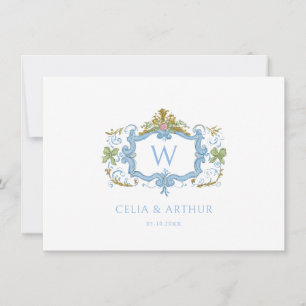 Carte De Remerciements Rococo Bleu Monogramme Crête Mariage