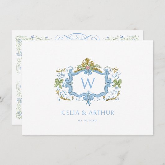 Carte De Remerciements Rococo Blue Monogram Crest Wedding  (Devant / Derrière)