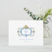 Carte De Remerciements Rococo Blue Monogram Crest Wedding (Debout devant)