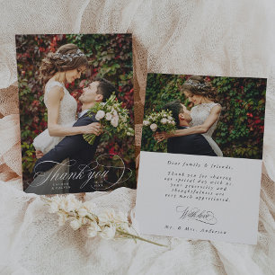 Carte De Remerciements Romantique blanc Script 2 Mariage photo