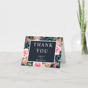 Carte De Remerciements Romantique Bleu Nuit Blush Rose Floral