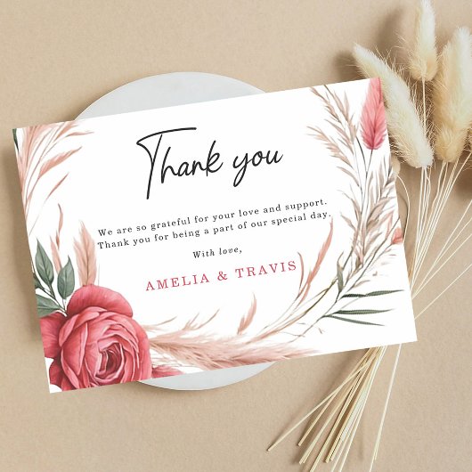Carte De Remerciements Romantique Blush Rose Pampas Mariage en herbe