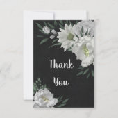 Carte De Remerciements romantique fleurs blanches verdure noir (Devant)