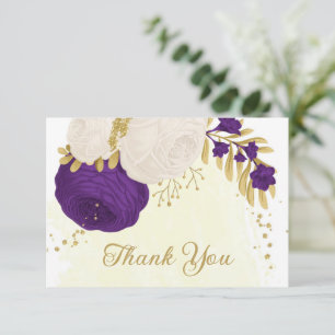 Carte De Remerciements Romantique royal violet & fleurs blanches or