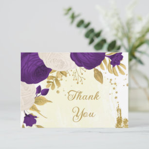 Carte De Remerciements Romantique royal violet & fleurs blanches or