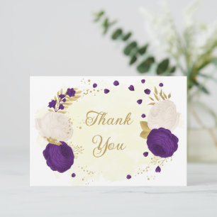 Carte De Remerciements Romantique royal violet & fleurs blanches or