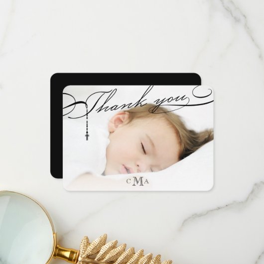 Carte De Remerciements Rosary Cross Monogram Scripted Photo religieuse (Devant/Arrière en situation)