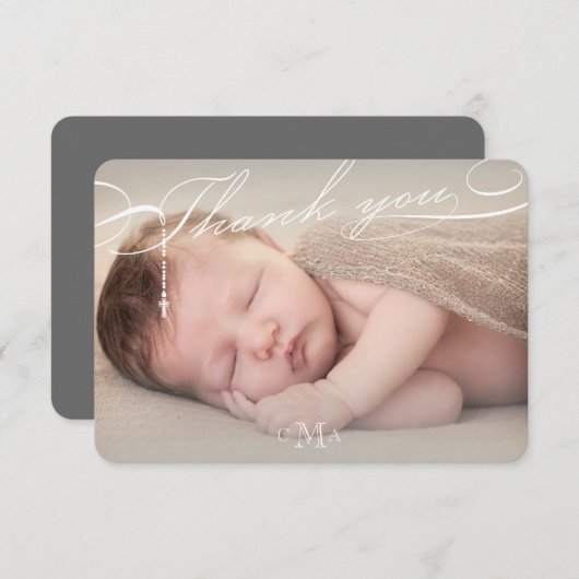 Carte De Remerciements Rosary Cross Monogramme Script Photo Religieux (Devant / Derrière)