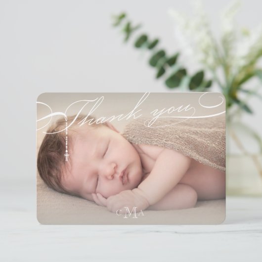 Carte De Remerciements Rosary Cross Monogramme Script Photo Religieux (Debout devant)