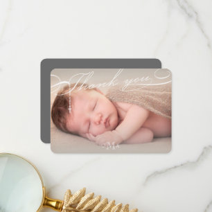 Carte De Remerciements Rosary Cross Monogramme Script Photo Religieux