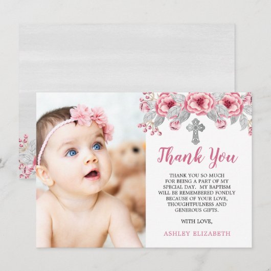 Carte De Remerciements Rose | Aquarelle grise Photo florale Baptême (Devant / Derrière)