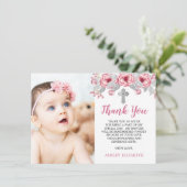 Carte De Remerciements Rose | Aquarelle grise Photo florale Baptême (Debout devant)