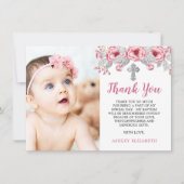 Carte De Remerciements Rose | Aquarelle grise Photo florale Baptême (Devant)