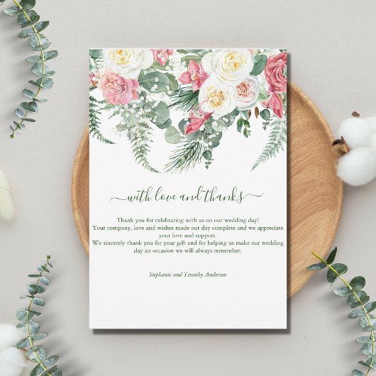 Carte De Remerciements Rose Blanc Floral vert Mariage Eucalyptus